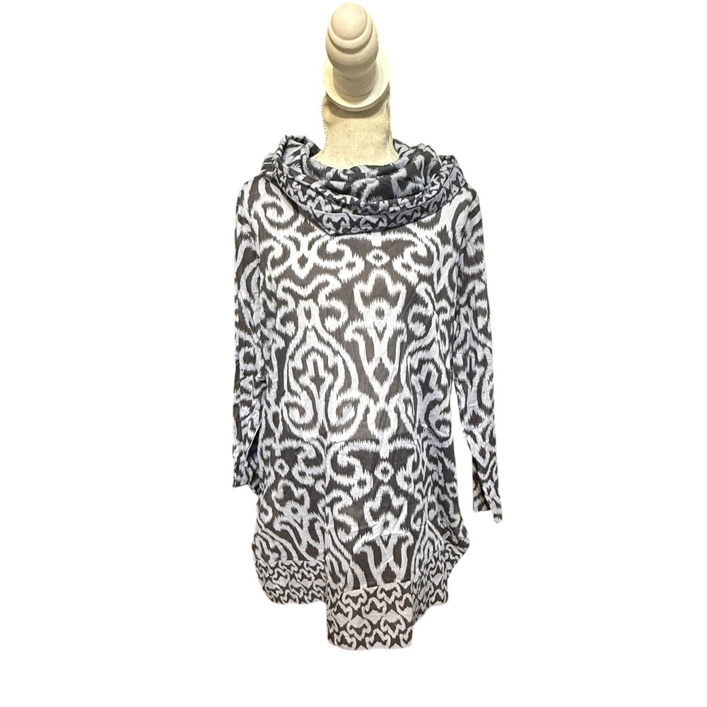 Gretchen Scott Cotton Voile Funnel Tunic Top Arabesque Charcoal Blue Shrimp NWT